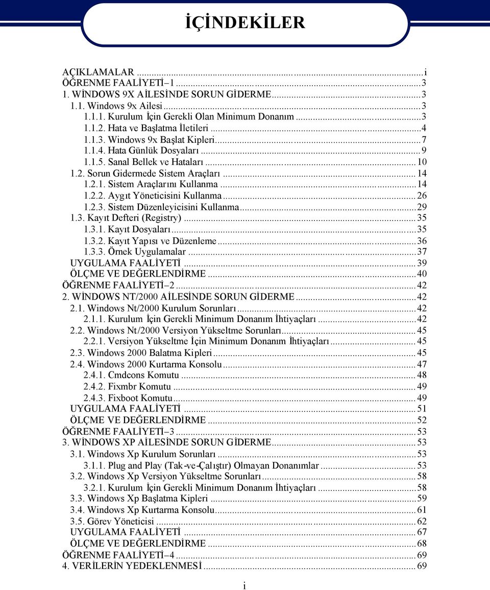 ..14 1.2.2. Aygt Yöneticisini Kullanma... 26 1.2.3. Sistem Düzenleyicisini Kullanma...29 1.3. Kayt Defteri (Registry)... 35 1.3.1. Kayt Dosyalar...35 1.3.2. Kayt Yapsve Düzenleme...36 1.3.3. Örnek Uygulamalar.