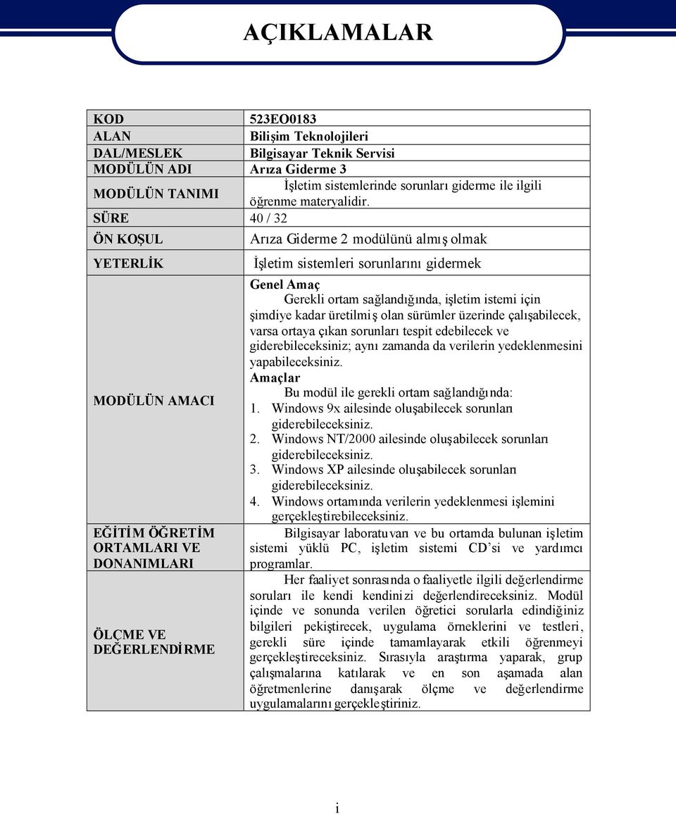 SÜRE 40 / 32 ÖN KOŞUL Arza Giderme 2 modülünü almolmak YETERLİK MODÜLÜN AMACI EĞİTİM ÖĞRETİM ORTAMLARI VE DONANIMLARI ÖLÇME VE DEĞERLENDİRME İletim sistemleri sorunlargidermek Genel Amaç Gerekli