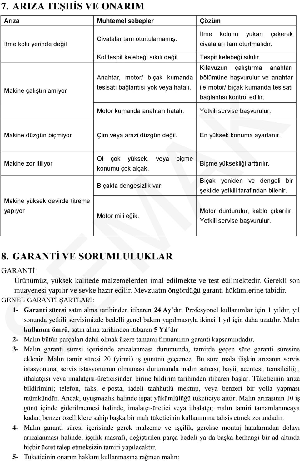 Kılavuzun çalıştırma anahtarı bölümüne başvurulur ve anahtar ile motor/ bıçak kumanda tesisatı bağlantısı kontrol edilir. Yetkili servise başvurulur.