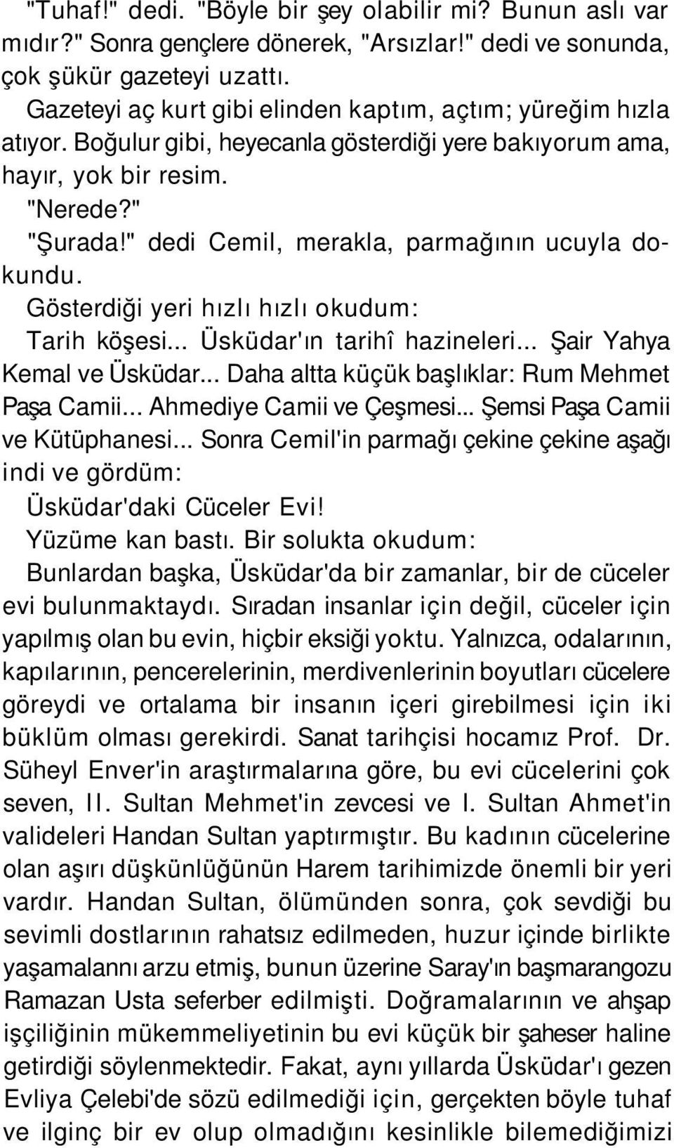 " dedi Cemil, merakla, parmağının ucuyla dokundu. Gösterdiği yeri hızlı hızlı okudum: Tarih köşesi... Üsküdar'ın tarihî hazineleri... Şair Yahya Kemal ve Üsküdar.