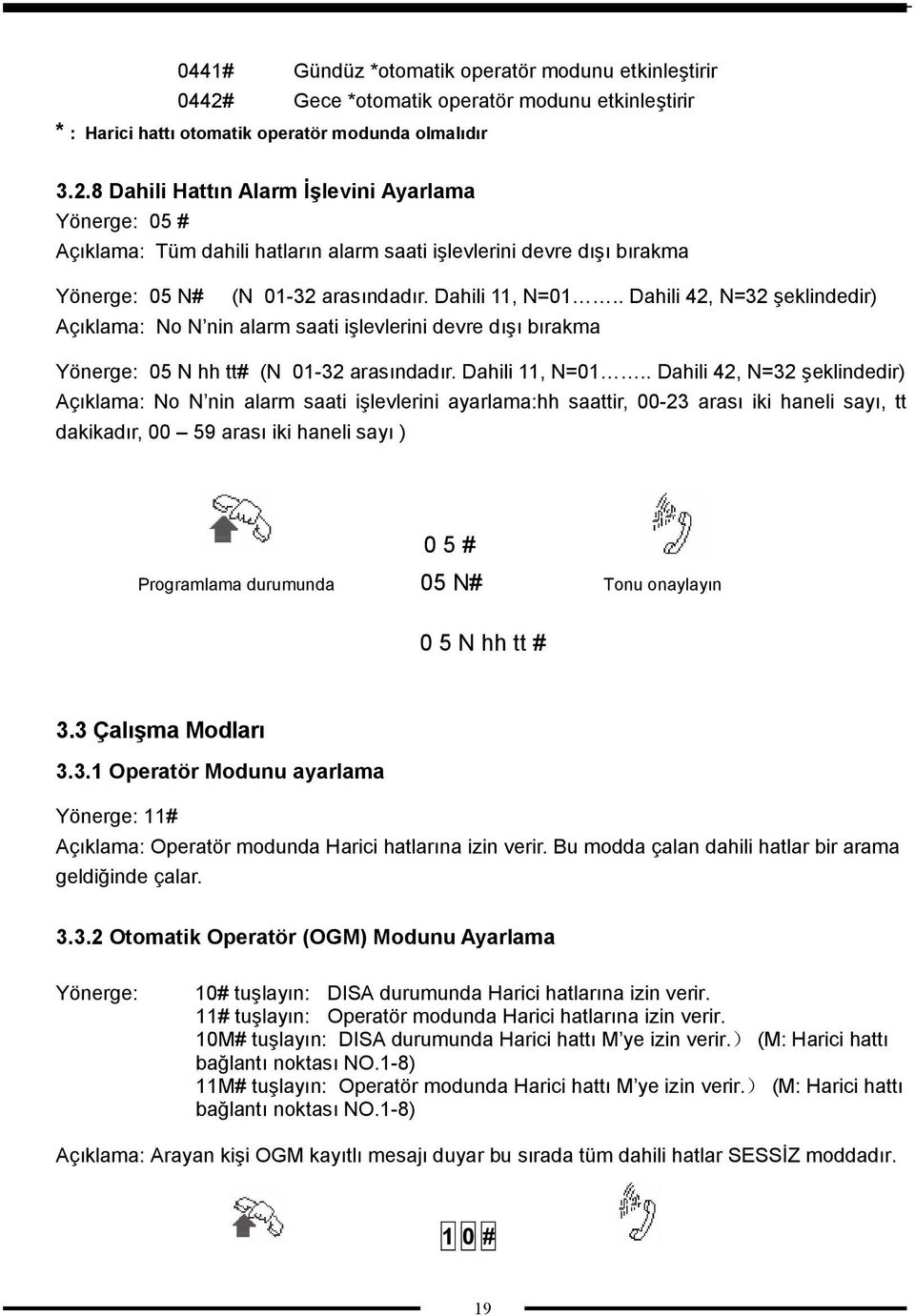 8 Dahili Hattın Alarm İşlevini Ayarlama Yönerge: 05 # Açıklama: Tüm dahili hatların alarm saati işlevlerini devre dışı bırakma Yönerge: 05 N# (N 01-32 arasındadır. Dahili 11, N=01.