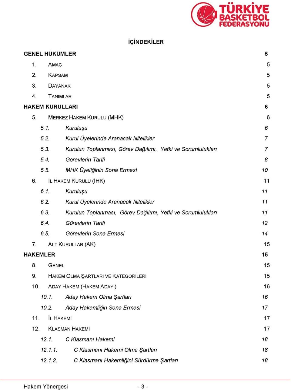 Kurulun Toplanması, Görev Dağılımı, Yetki ve Sorumlulukları 11 6.4. Görevlerin Tarifi 12 6.5. Görevlerin Sona Ermesi 14 7. ALT KURULLAR (AK) 15 HAKEMLER 15 8. GENEL 15 9.