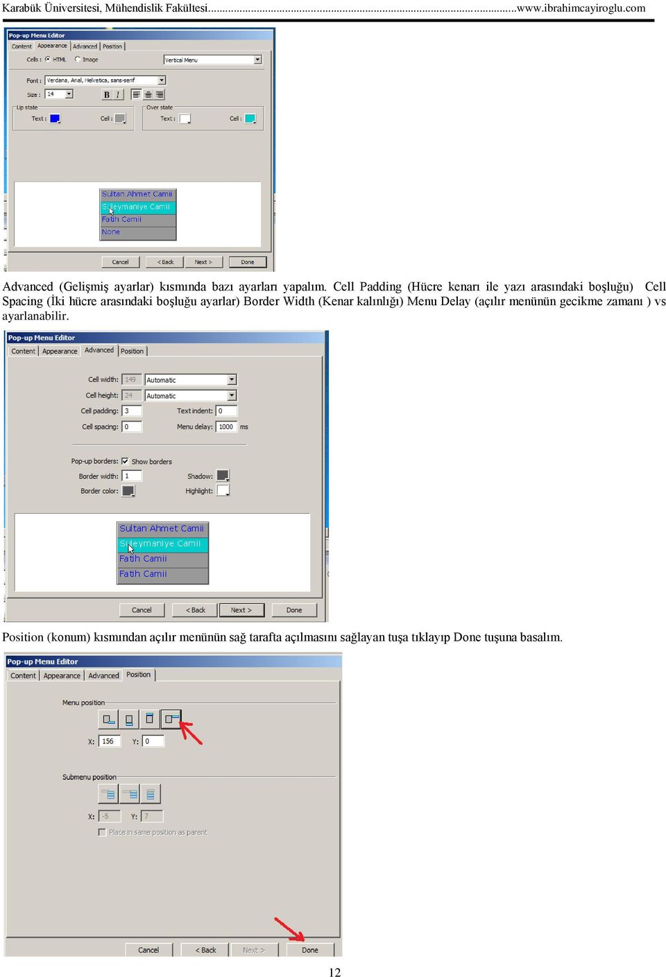 boşluğu ayarlar) Border Width (Kenar kalınlığı) Menu Delay (açılır menünün gecikme zamanı )