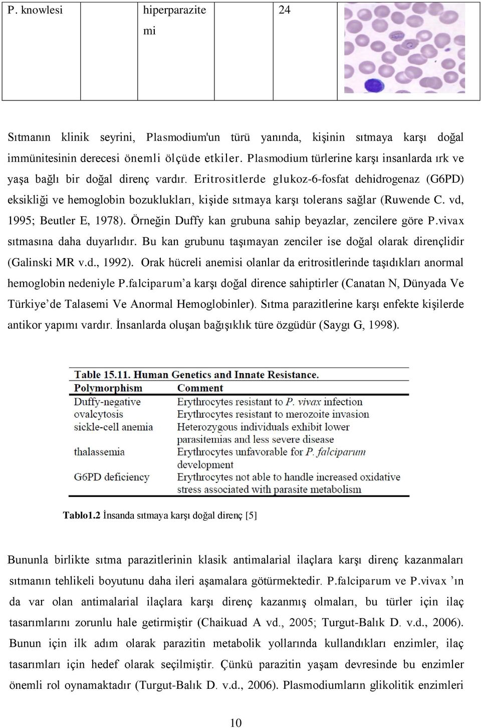 Eritrositlerde glukoz-6-fosfat dehidrogenaz (G6PD) eksikliği ve hemoglobin bozuklukları, kiģide sıtmaya karģı tolerans sağlar (Ruwende C. vd, 1995; Beutler E, 1978).