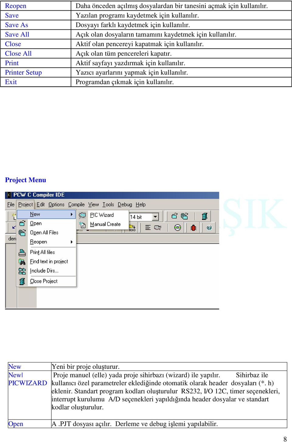 Aktif sayfayı yazdırmak için kullanılır. Yazıcı ayarlarını yapmak için kullanılır. Programdan çıkmak için kullanılır. Project Menu New Yeni bir proje oluşturur.