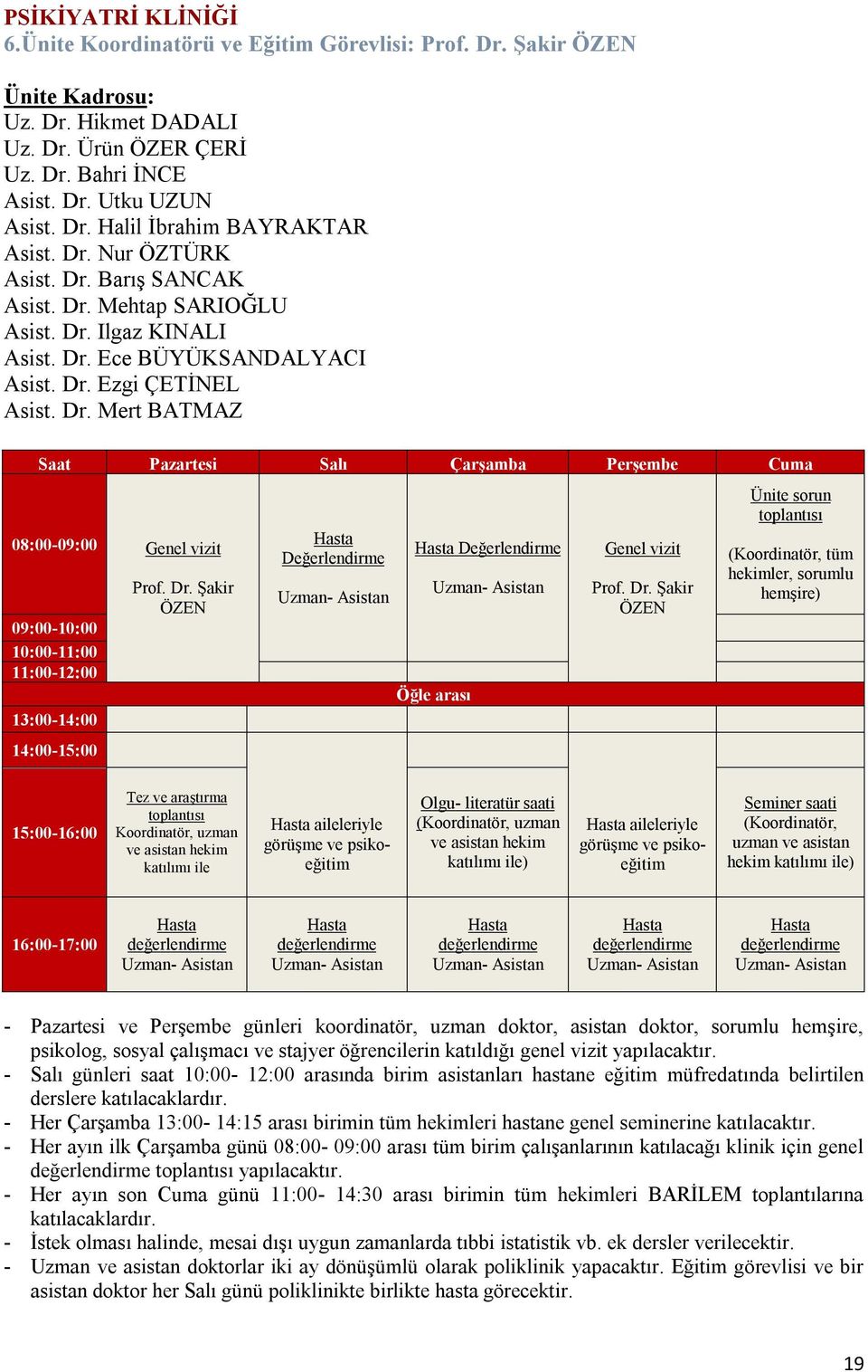 Dr. Şakir ÖZEN Hasta Değerlendirme Uzman- Asistan Hasta Değerlendirme Uzman- Asistan Öğle arası Genel vizit Prof. Dr.