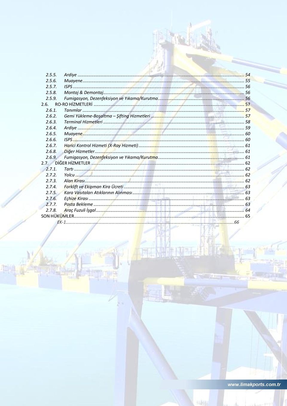 .. 61 2.7. DİĞER HİZMETLER... 62 2.7.1. Tartı... 62 2.7.2. Yolcu... 62 2.7.3. Alan Kirası... 62 2.7.4. Forklift ve Ekipman Kira Ücreti... 63 2.7.5. Kara Vasıtaları Atıklarının Alınması... 63 2.7.6. Eçhize Kirası.