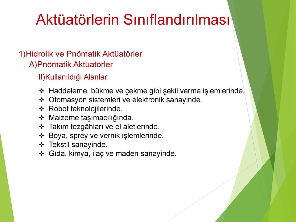 Otomasyon sistemleri ve elektronik sanayinde. Robot teknolojilerinde. Malzeme taşımacılığında.