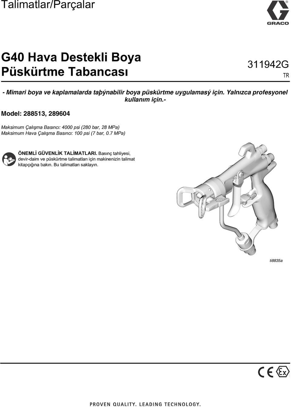 - Model: 288513, 289604 Maksimum Çalýþma Basýncý: 4000 psi (280 bar, 28 MPa) Maksimum Hava Çalýþma Basýncý: 100 psi (7