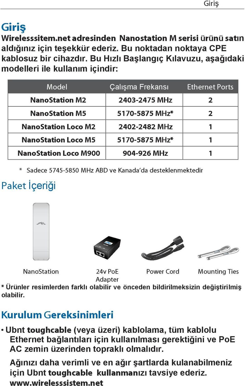 Bu Hızlı Başlangıç Kılavuzu, aşağıdaki modelleri ile kullanım içindir: Model Çalışma Frekansı Ethernet Ports NanoStation M2 2403-2475 MHz 2 NanoStation M5 5170-5875 MHz* 2 NanoStation Loco M2