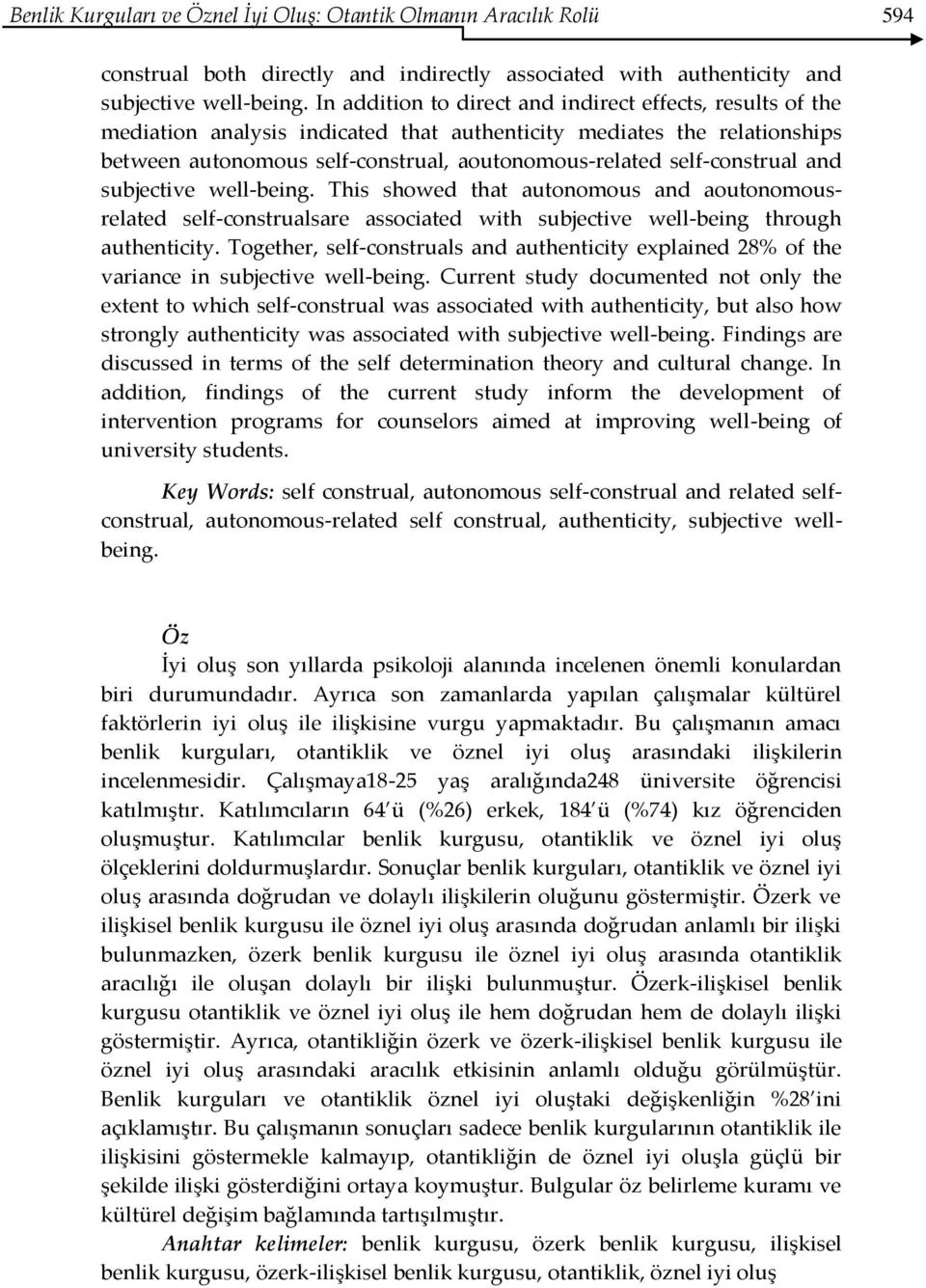 self-construal and subjective well-being. This showed that autonomous and aoutonomousrelated self-construalsare associated with subjective well-being through authenticity.