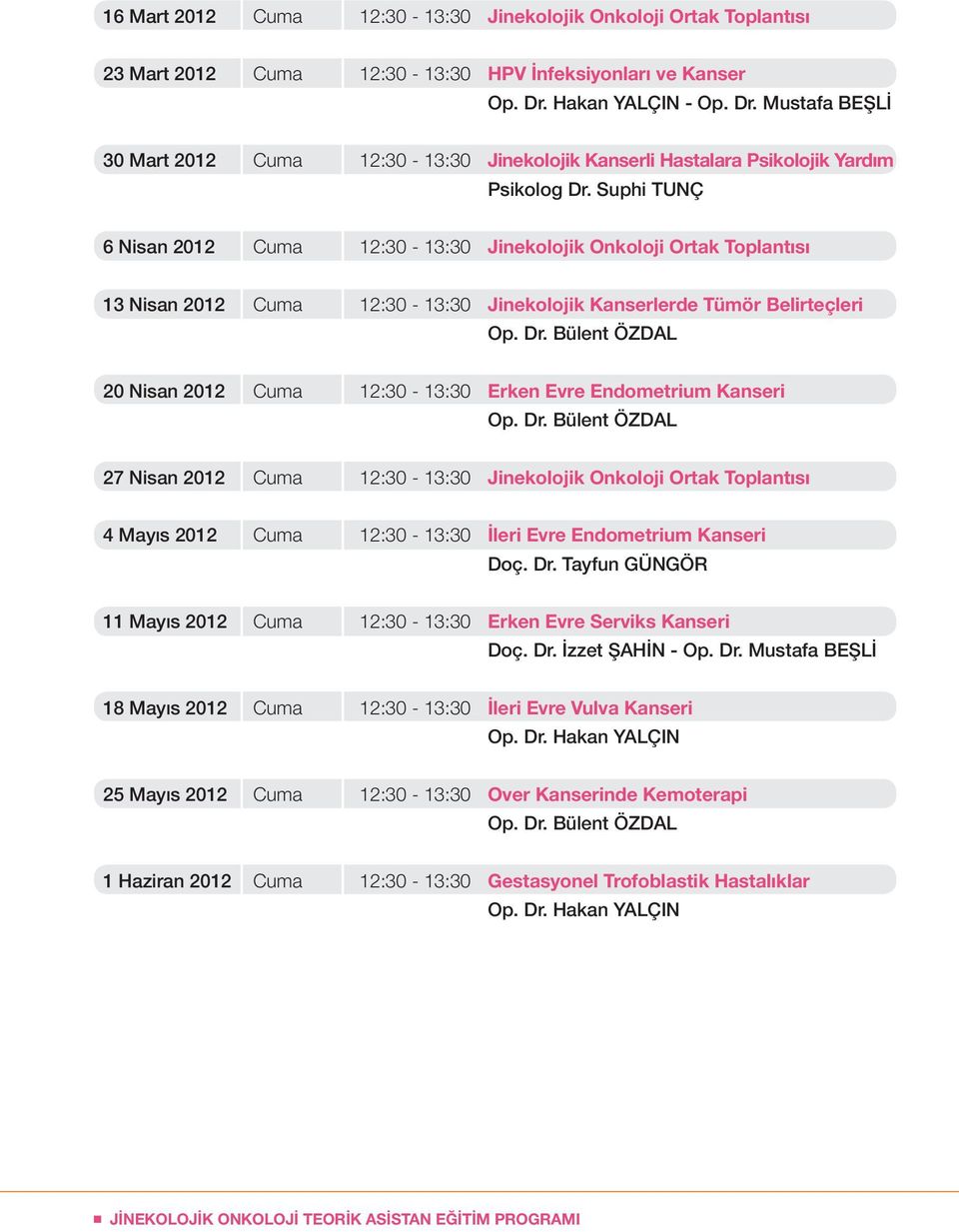 Suphi TUNÇ 6 Nisan 2012 Cuma 12:30-13:30 Jinekolojik Onkoloji Ortak Toplantısı 13 Nisan 2012 Cuma 12:30-13:30 Jinekolojik Kanserlerde Tümör Belirteçleri Op. Dr.