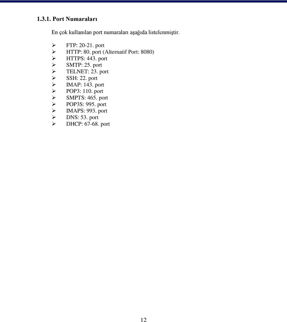 port SMTP: 25. port TELNET: 23. port SSH: 22. port IMAP: 143. port POP3: 110.