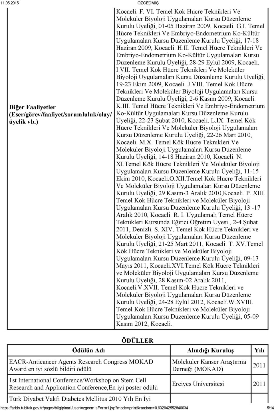 Temel Kök Hücre Teknikleri Ve Moleküler Biyoloji Uygulamaları Kursu Düzenleme Kurulu Üyeliği, 19 23 Ekim 2009,. J.VIII.