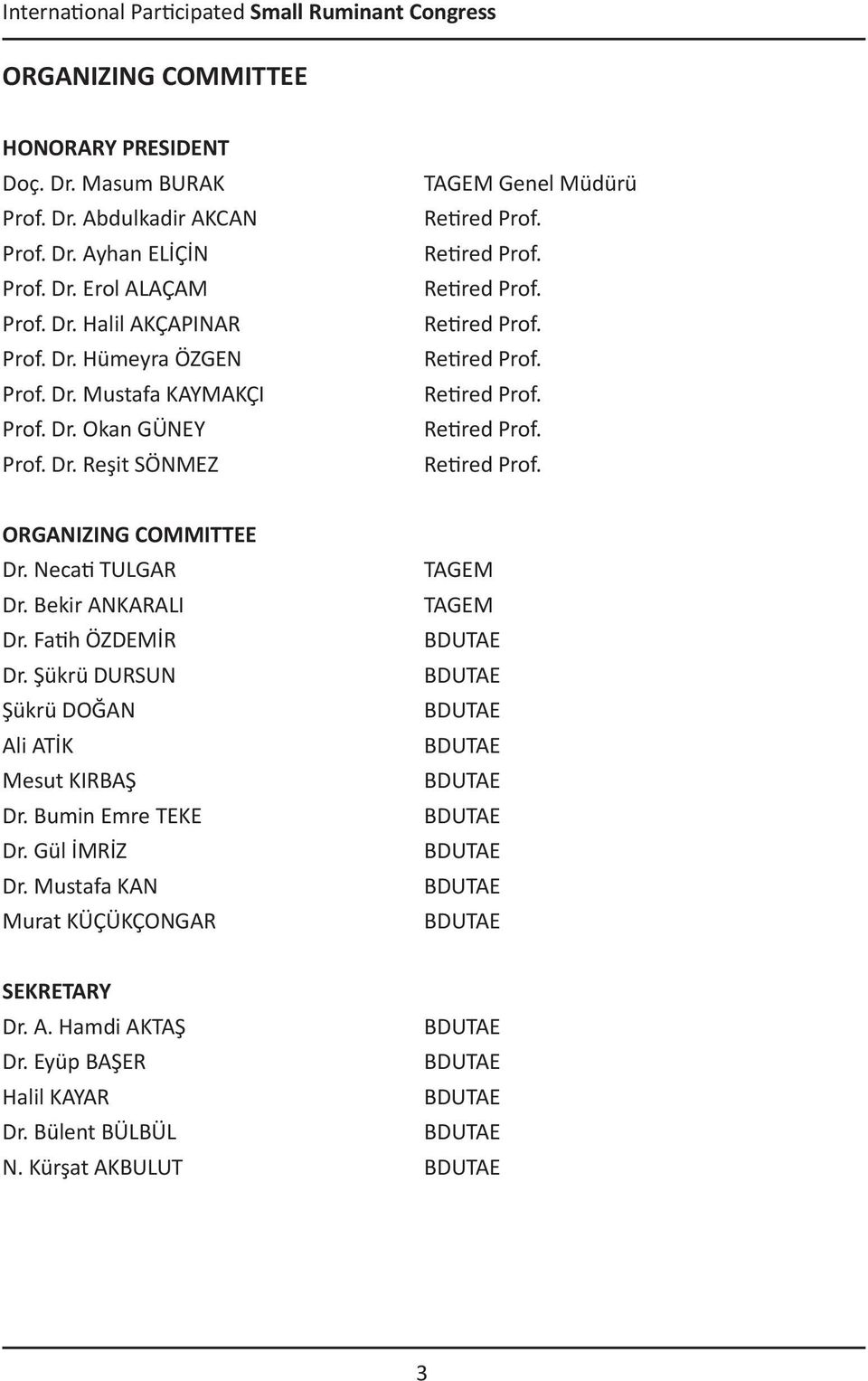 Necati TULGAR Dr. Bekir ANKARALI Dr. Fatih ÖZDEMİR Dr. Şükrü DURSUN Şükrü DOĞAN Ali ATİK Mesut KIRBAŞ Dr. Bumin Emre TEKE Dr. Gül İMRİZ Dr.