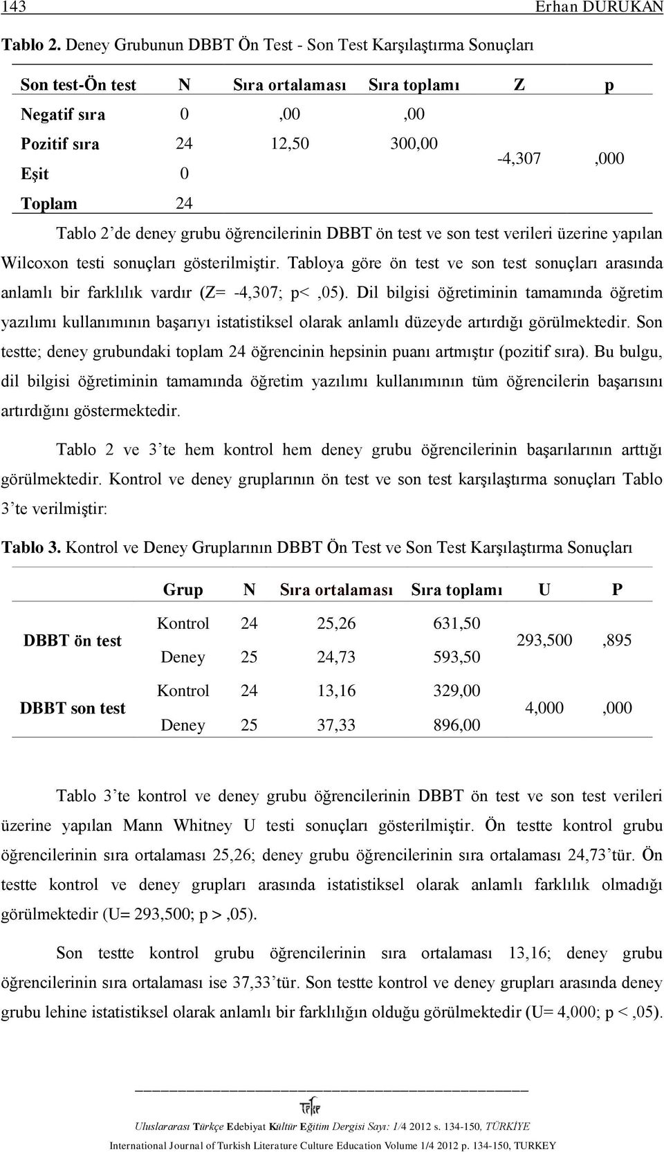 de deney grubu öğrencilerinin DBBT ön test ve son test verileri üzerine yapılan Wilcoxon testi sonuçları gösterilmiştir.