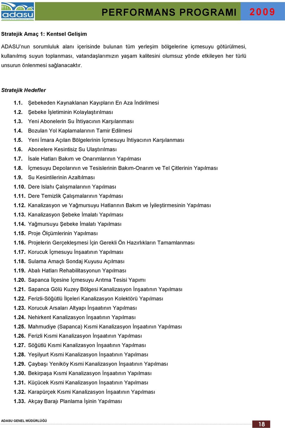 Yeni Abonelerin Su İhtiyacının Karşılanması 1.4. Bozulan Yol Kaplamalarının Tamir Edilmesi 1.5. Yeni İmara Açılan Bölgelerinin İçmesuyu İhtiyacının Karşılanması 1.6.