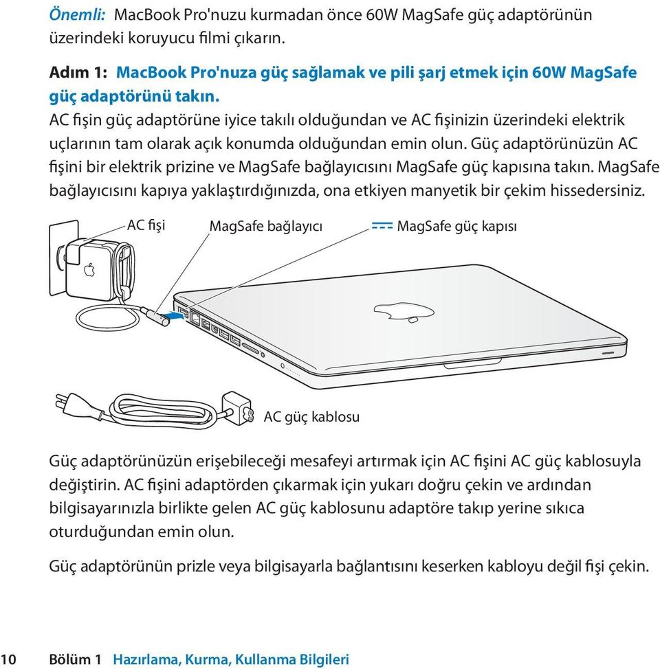 Güç adaptörünüzün AC fişini bir elektrik prizine ve MagSafe bağlayıcısını MagSafe güç kapısına takın. MagSafe bağlayıcısını kapıya yaklaştırdığınızda, ona etkiyen manyetik bir çekim hissedersiniz.