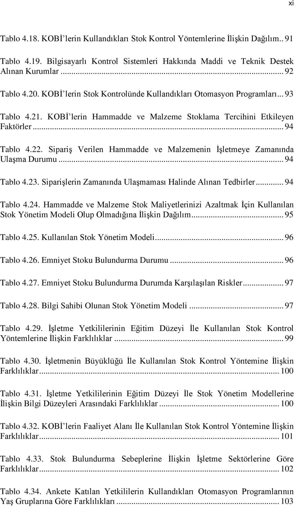 Sipariş Verilen Hammadde ve Malzemenin İşletmeye Zamanında Ulaşma Durumu... 94 Tablo 4.23. Siparişlerin Zamanında Ulaşmaması Halinde Alınan Tedbirler... 94 Tablo 4.24.