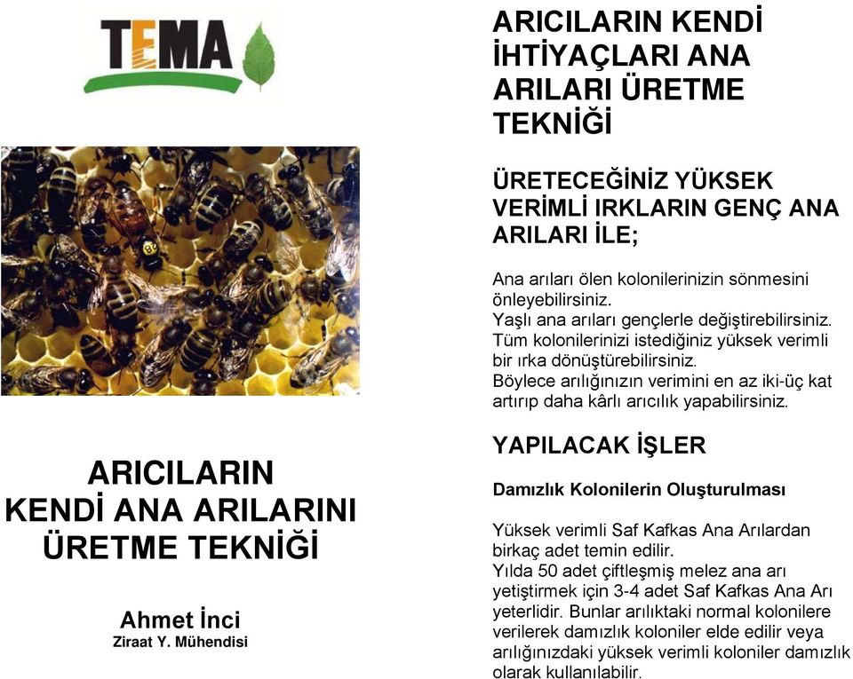 Böylece arılığınızın verimini en az iki-üç kat artırıp daha kârlı arıcılık yapabilirsiniz. ARICILARIN KENDİ ANA ARILARINI ÜRETME TEKNİĞİ Ahmet İnci Ziraat Y.