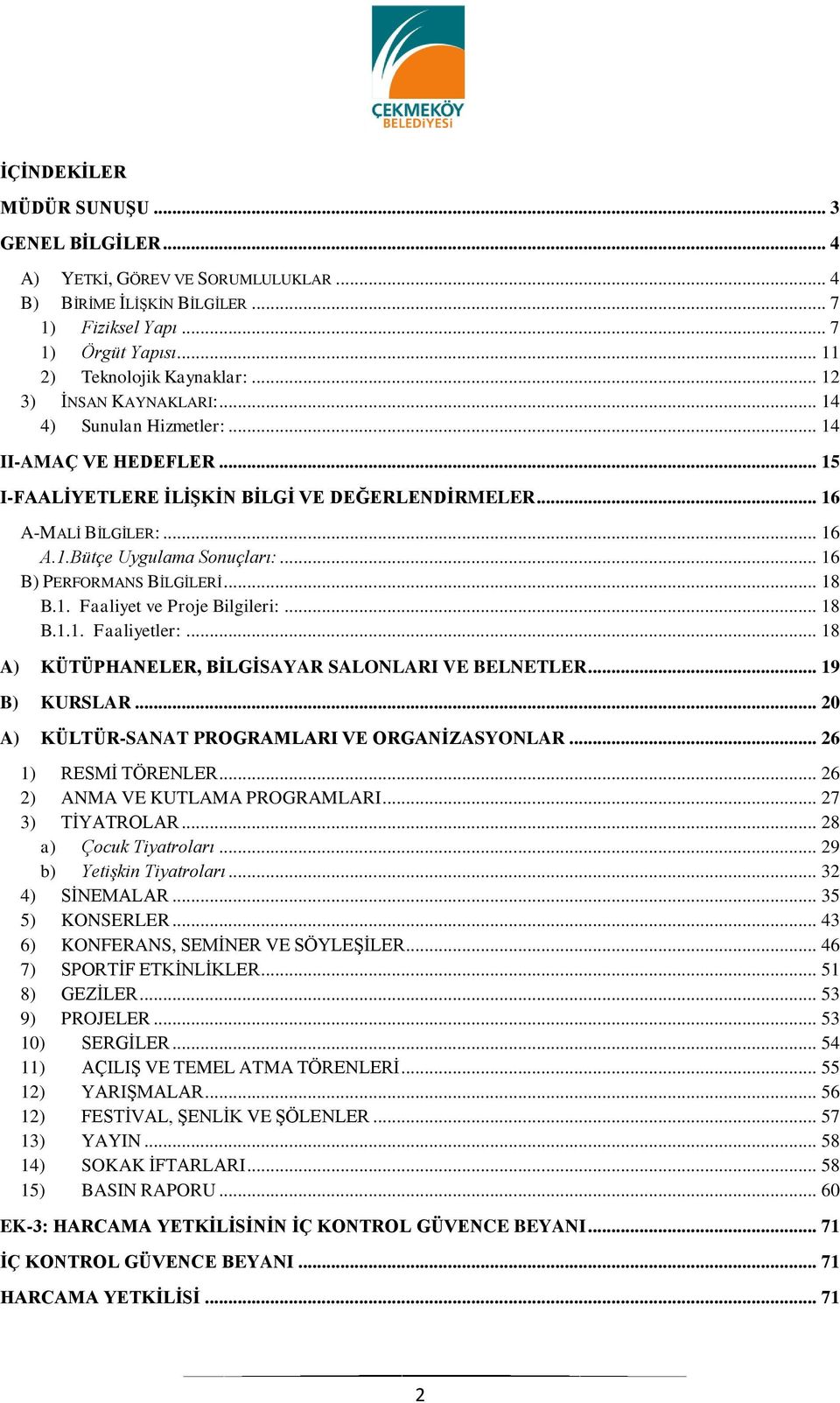 .. 16 B) PERFORMANS BİLGİLERİ... 18 B.1. Faaliyet ve Proje Bilgileri:... 18 B.1.1. Faaliyetler:... 18 A) KÜTÜPHANELER, BİLGİSAYAR SALONLARI VE BELNETLER... 19 B) KURSLAR.