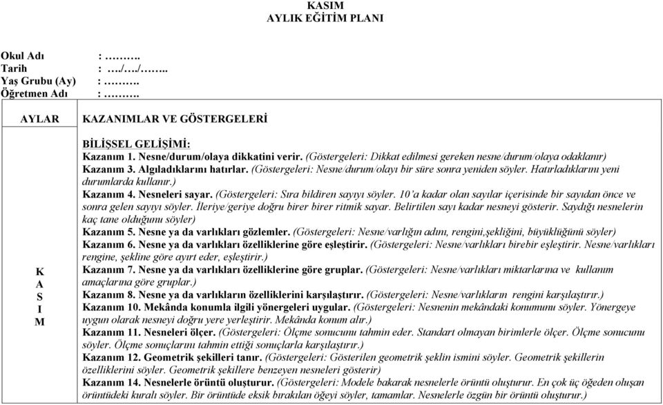 Hatırladıklarını yeni durumlarda kullanır.) Kazanım 4. Nesneleri sayar. (Göstergeleri: Sıra bildiren sayıyı söyler. 10 a kadar olan sayılar içerisinde bir sayıdan önce ve sonra gelen sayıyı söyler.