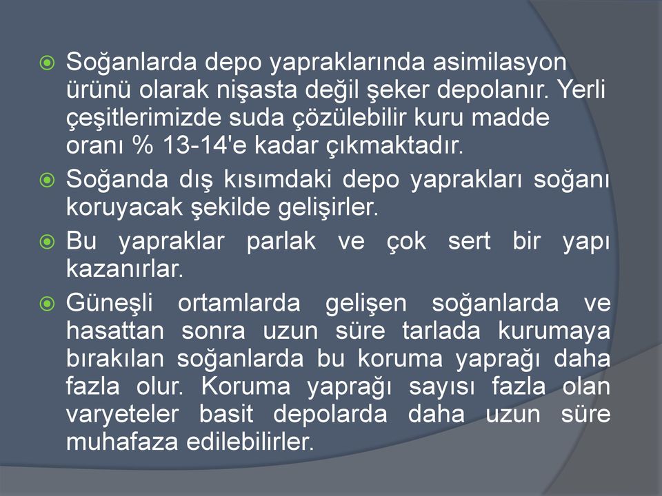 Soğanda dış kısımdaki depo yaprakları soğanı koruyacak şekilde gelişirler. Bu yapraklar parlak ve çok sert bir yapı kazanırlar.