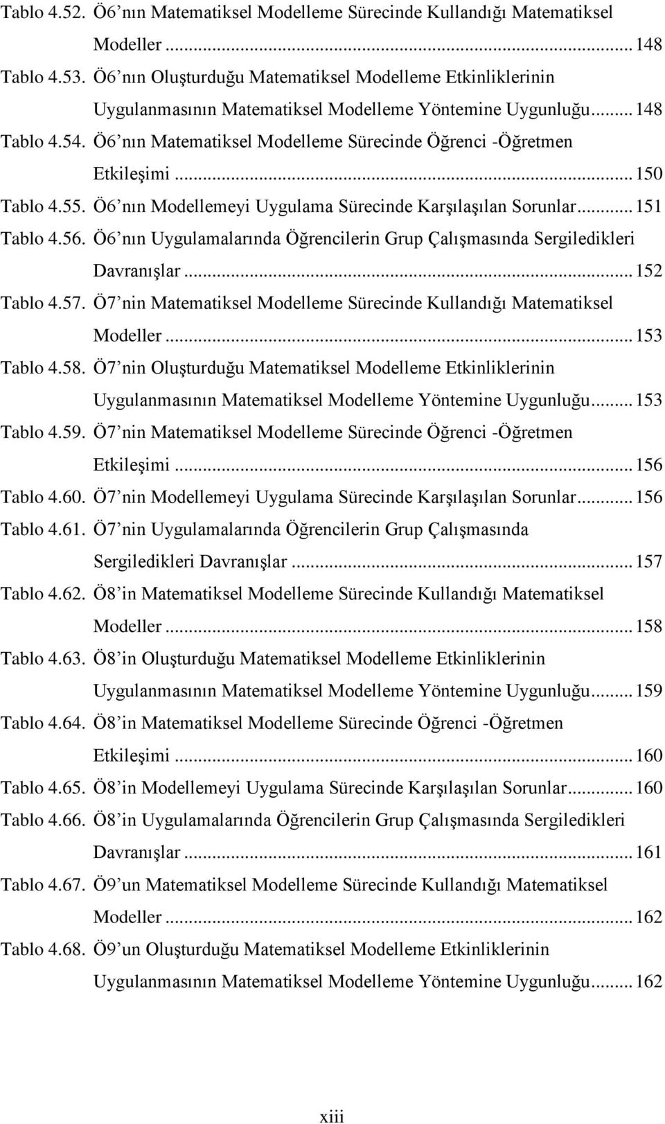 Ö6 nın Matematiksel Modelleme Sürecinde Öğrenci -Öğretmen Etkileşimi... 150 Tablo 4.55. Ö6 nın Modellemeyi Uygulama Sürecinde Karşılaşılan Sorunlar... 151 Tablo 4.56.