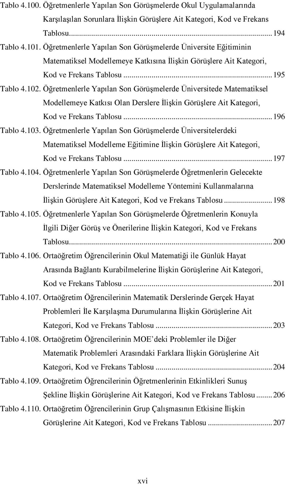 Öğretmenlerle Yapılan Son Görüşmelerde Üniversitede Matematiksel Modellemeye Katkısı Olan Derslere İlişkin Görüşlere Ait Kategori, Kod ve Frekans Tablosu... 196 Tablo 4.103.