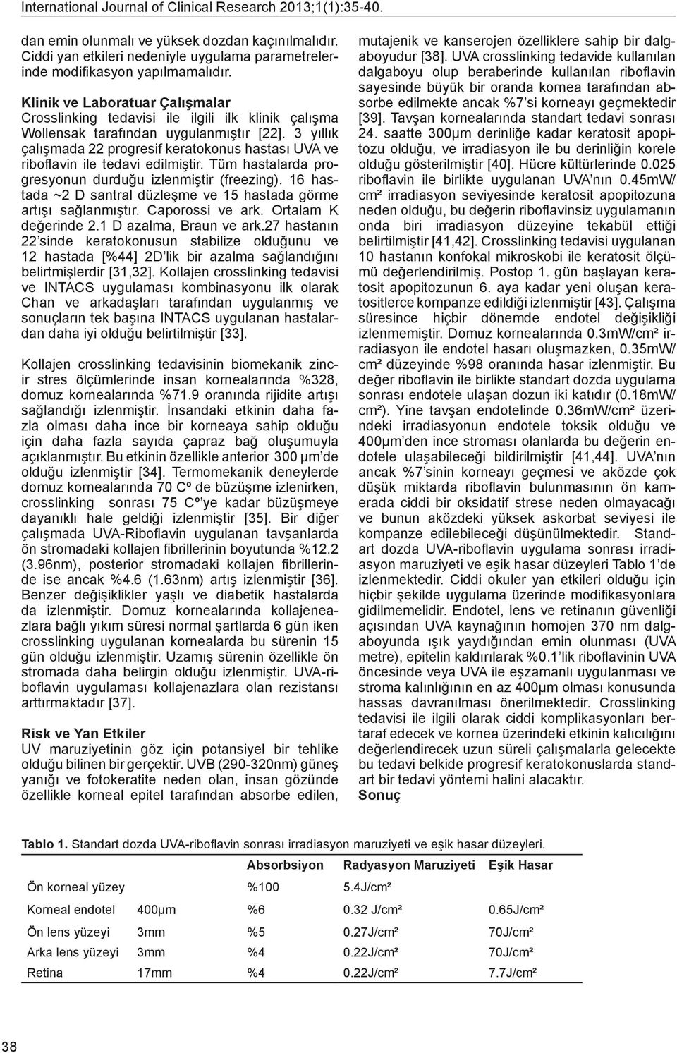 3 yıllık çalışmada 22 progresif keratokonus hastası UVA ve riboflavin ile tedavi edilmiştir. Tüm hastalarda progresyonun durduğu izlenmiştir (freezing).