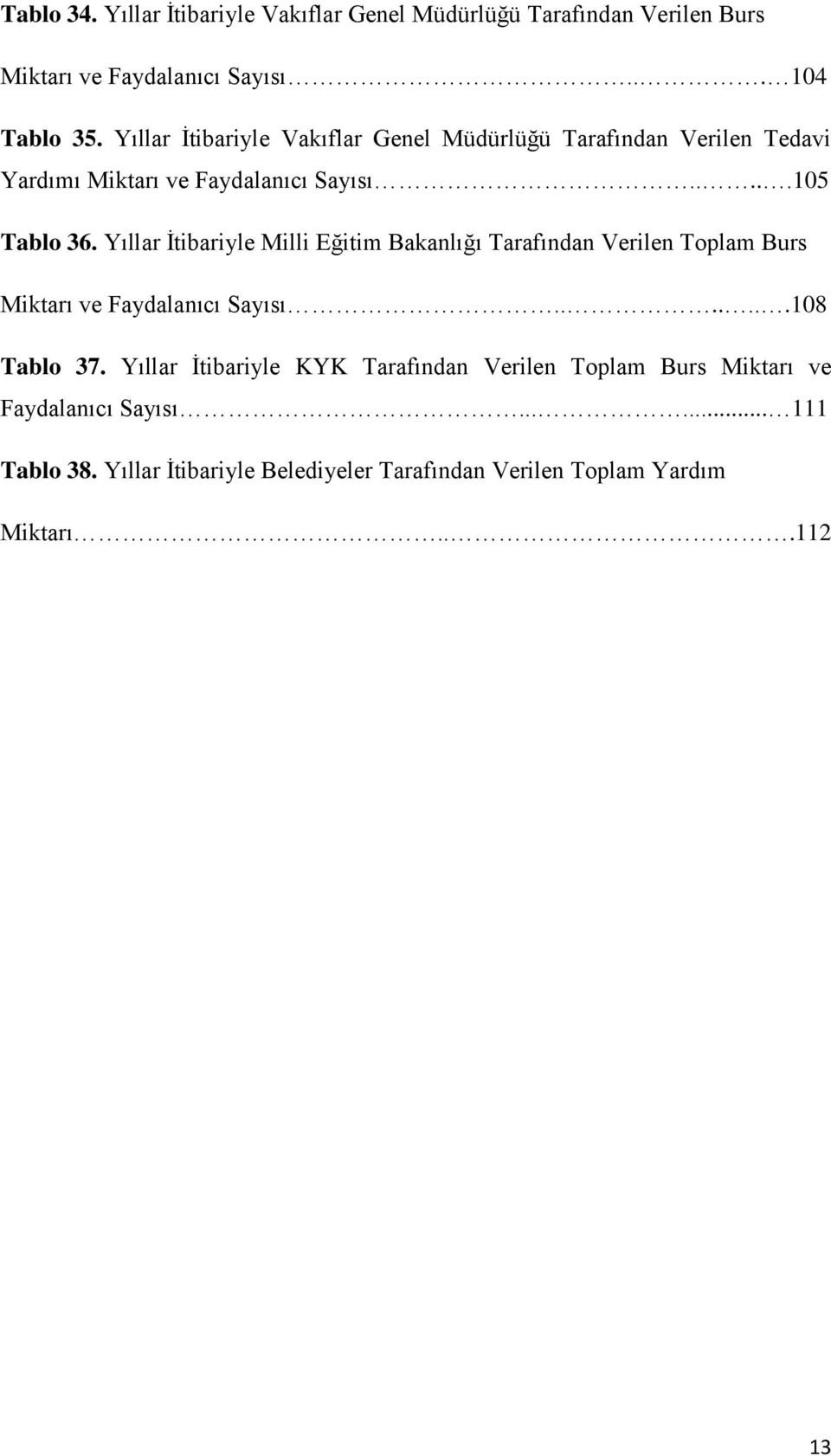 Yıllar İtibariyle Milli Eğitim Bakanlığı Tarafından Verilen Toplam Burs Miktarı ve Faydalanıcı Sayısı.......108 Tablo 37.