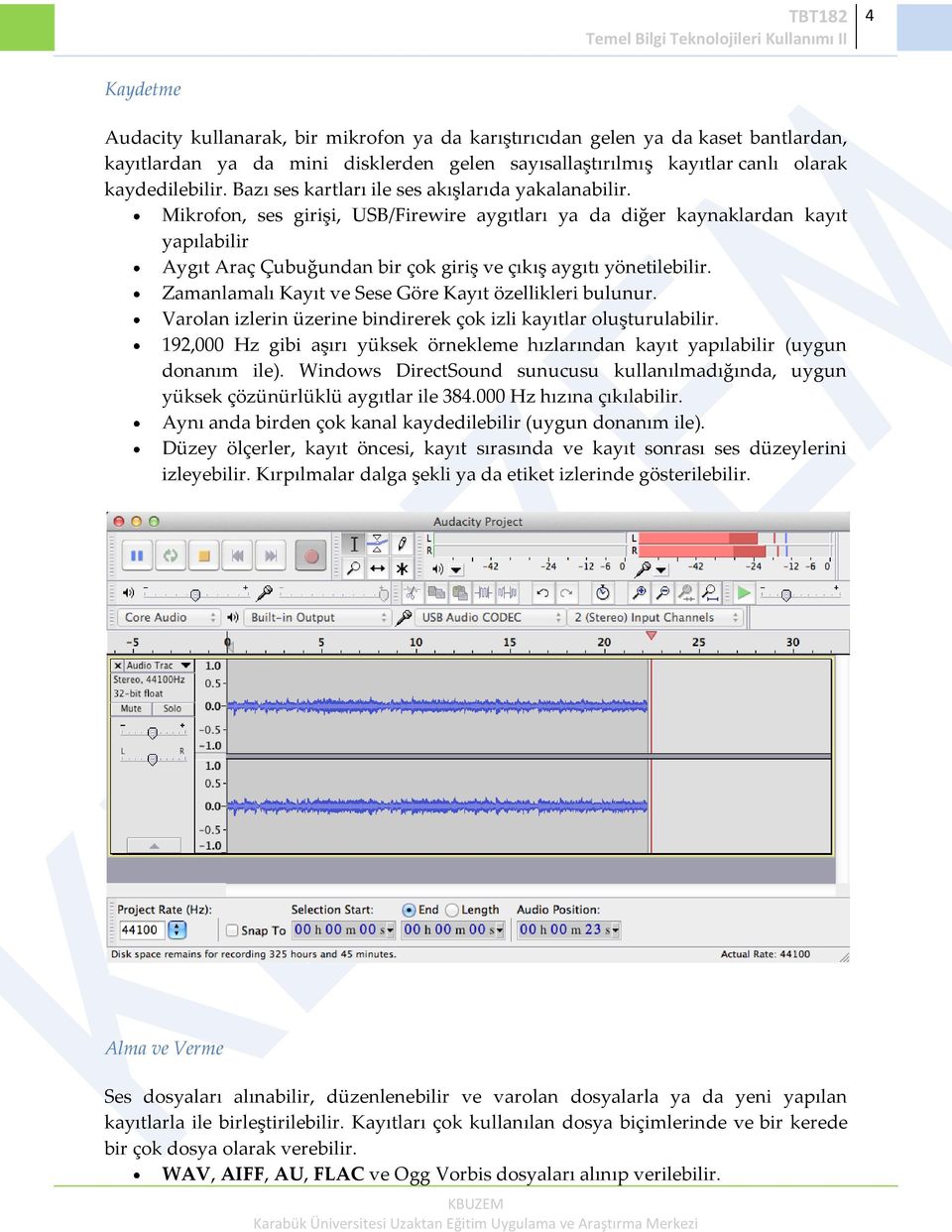 Mikrofon, ses girişi, USB/Firewire aygıtları ya da diğer kaynaklardan kayıt yapılabilir Aygıt Araç Çubuğundan bir çok giriş ve çıkış aygıtı yönetilebilir.