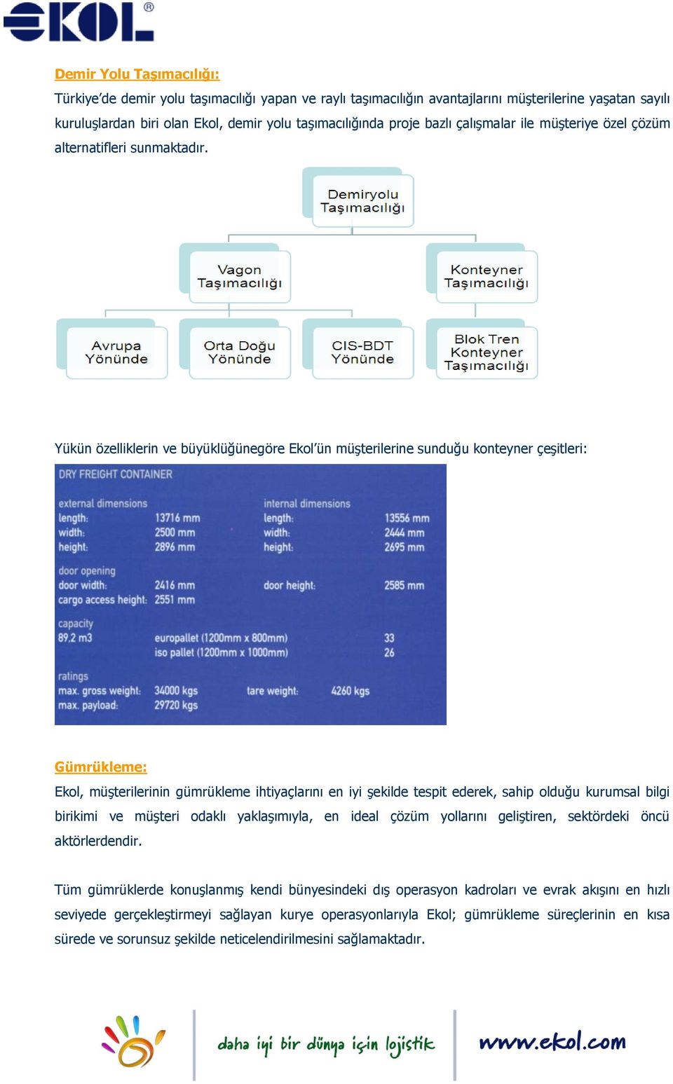 Yükün özelliklerin ve büyüklüğünegöre Ekol ün müşterilerine sunduğu konteyner çeşitleri: Gümrükleme: Ekol, müşterilerinin gümrükleme ihtiyaçlarını en iyi şekilde tespit ederek, sahip olduğu kurumsal
