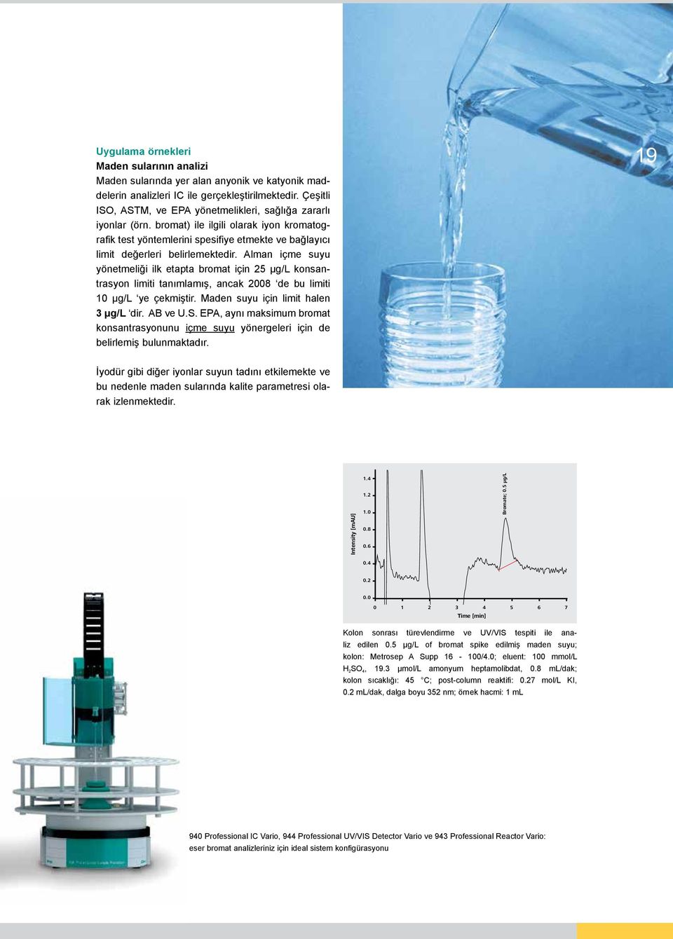 Alman içme suyu yönetmeliği ilk etapta bromat için 25 μg/l konsantrasyon limiti tanımlamış, ancak 2008 de bu limiti 10 μg/l ye çekmiştir. Maden suyu için limit halen 3 μg/l dir. AB ve U.S.