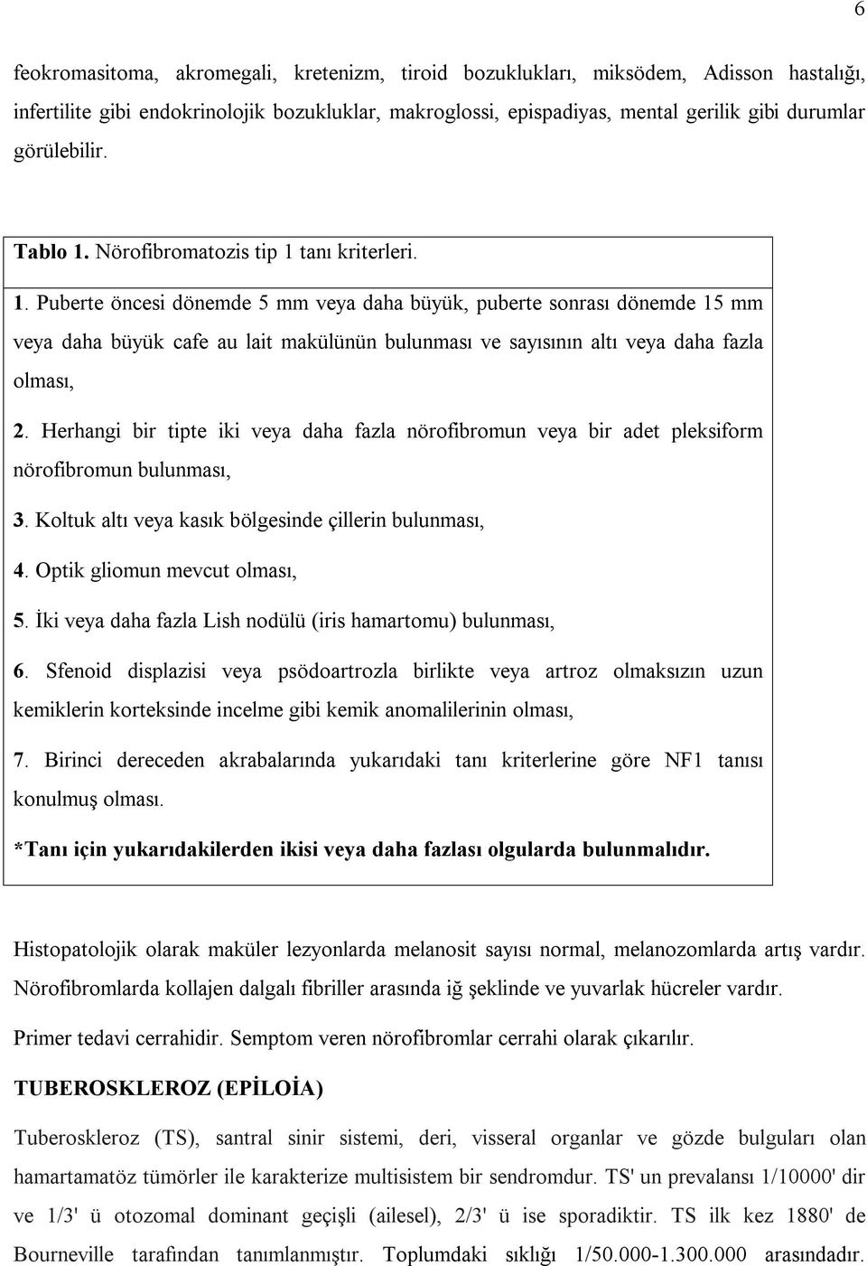 Herhangi bir tipte iki veya daha fazla nörofibromun veya bir adet pleksiform nörofibromun bulunması, 3. Koltuk altı veya kasık bölgesinde çillerin bulunması, 4. Optik gliomun mevcut olması, 5.