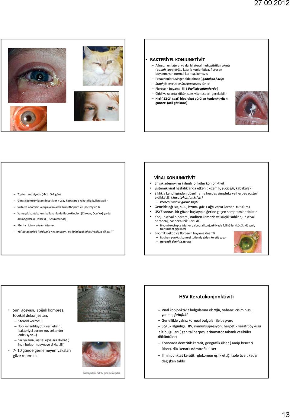 !! ( özellikle infantlarda ) Ciddi vakalarda kültür, sensivite testleri gerekebilir Hızlı( 12 24 saat) hiperakut pürülan konjonktivit: n.