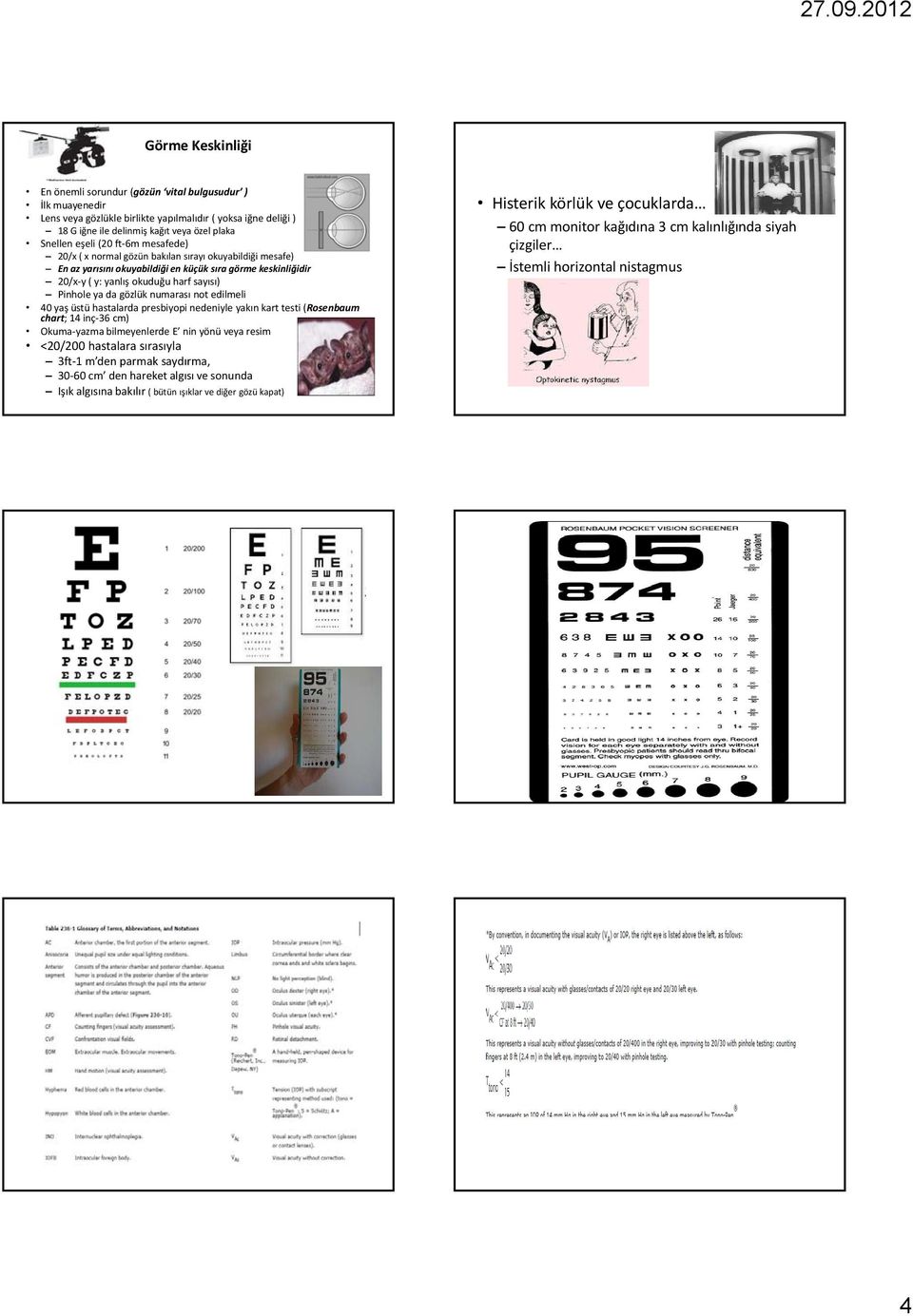 gözlük numarası not edilmeli 40 yaş üstü hastalarda presbiyopi nedeniyle yakın kart testi (Rosenbaum chart; 14 inç 36 cm) Okuma yazma bilmeyenlerde E nin yönü veya resim <20/200 hastalara sırasıyla