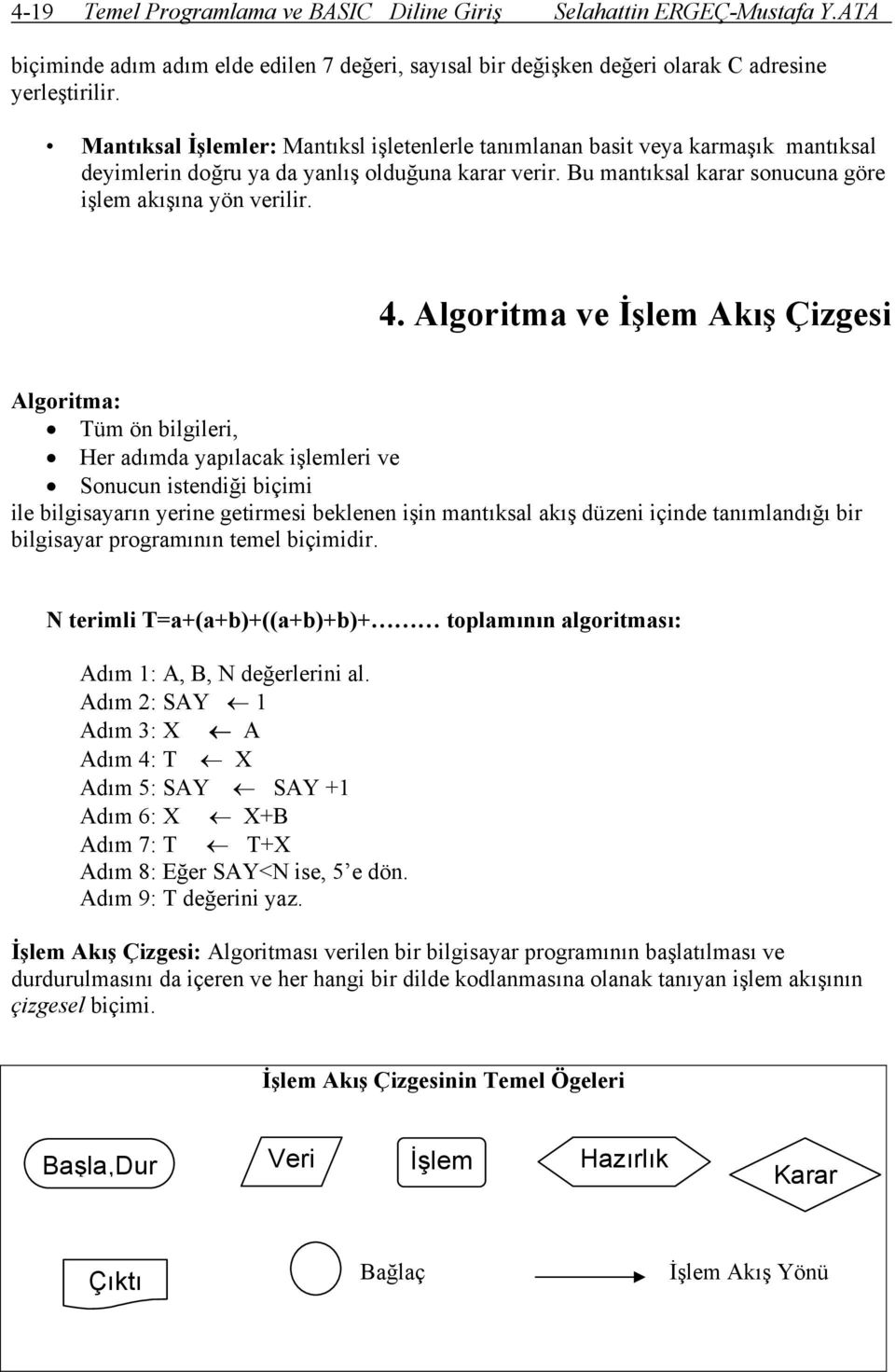 Algoritma ve İşlem Akış Çizgesi Algoritma: Tüm ön bilgileri, Her adımda yapılacak işlemleri ve Sonucun istendiği biçimi ile bilgisayarın yerine getirmesi beklenen işin mantıksal akış düzeni içinde