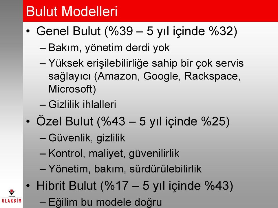 Gizlilik ihlalleri Özel Bulut (%43 5 yıl içinde %25) Güvenlik, gizlilik Kontrol, maliyet,