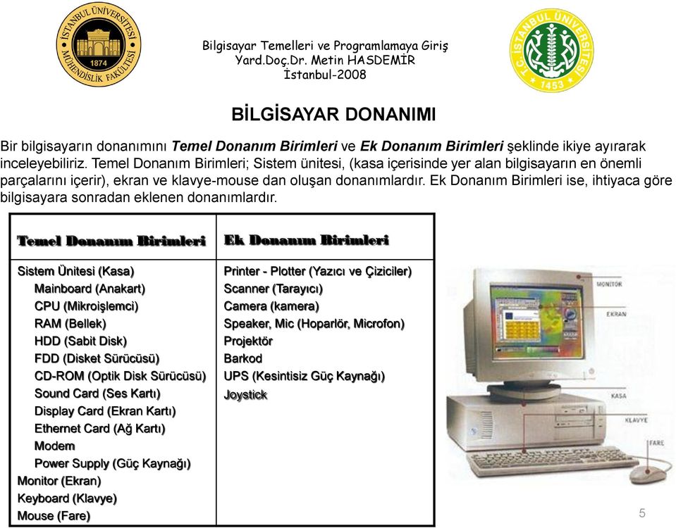 Ek Donanım Birimleri ise, ihtiyaca göre bilgisayara sonradan eklenen donanımlardır.