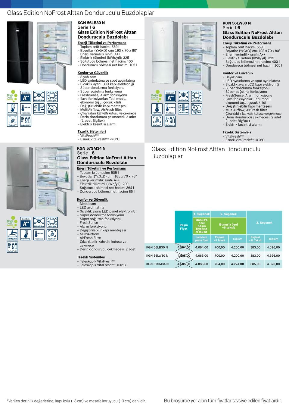 (YxGxD) cm: 193 x 70 x 80* Enerji verimlilik sınıfı: A++ Elektrik tüketimi (kwh/yıl): 325 Soğutucu bölmesi net hacim: 400 l Dondurucu bölmesi net hacim: 105 l VitaFresh plus VitaFresh 0 C Siyah cam