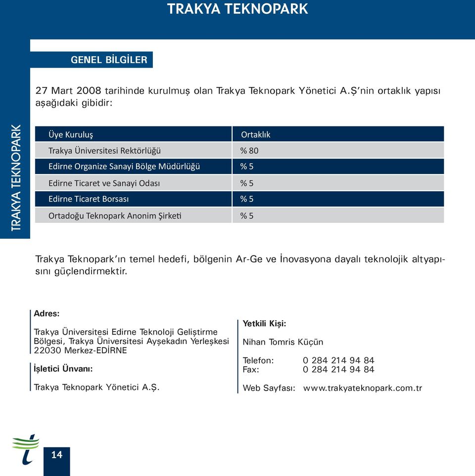 Ortadoğu Teknopark Anonim Şirketi Ortaklık % 80 % 5 % 5 % 5 % 5 Trakya Teknopark ın temel hedefi, bölgenin Ar-Ge ve İnovasyona dayalı teknolojik altyapısını güçlendirmektir.