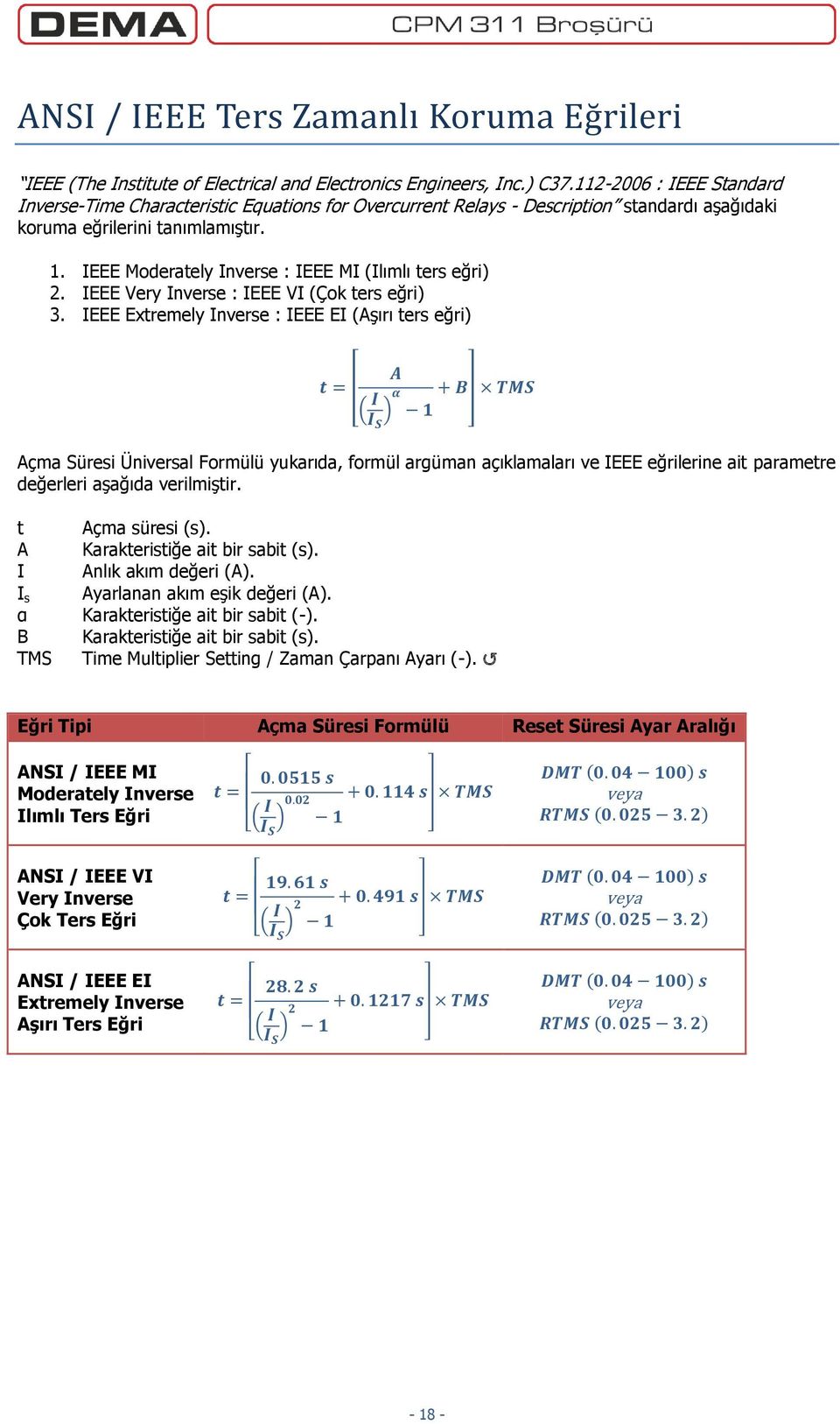 IEEE Moderately Inverse : IEEE MI (Ilımlı ters eğri) 2. IEEE Very Inverse : IEEE VI (Çok ters eğri) 3.