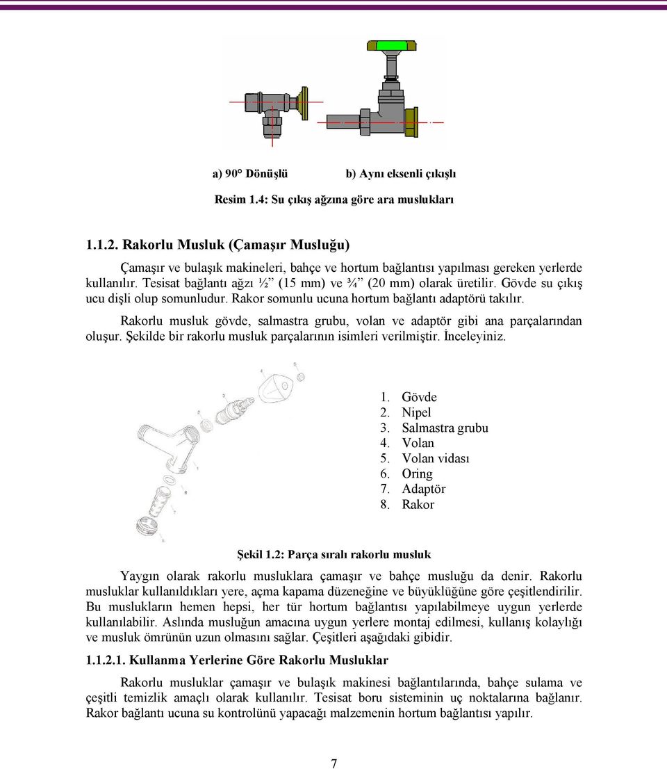 Gövde su çıkış ucu dişli olup somunludur. Rakor somunlu ucuna hortum bağlantı adaptörü takılır. Rakorlu musluk gövde, salmastra grubu, volan ve adaptör gibi ana parçalarından oluşur.