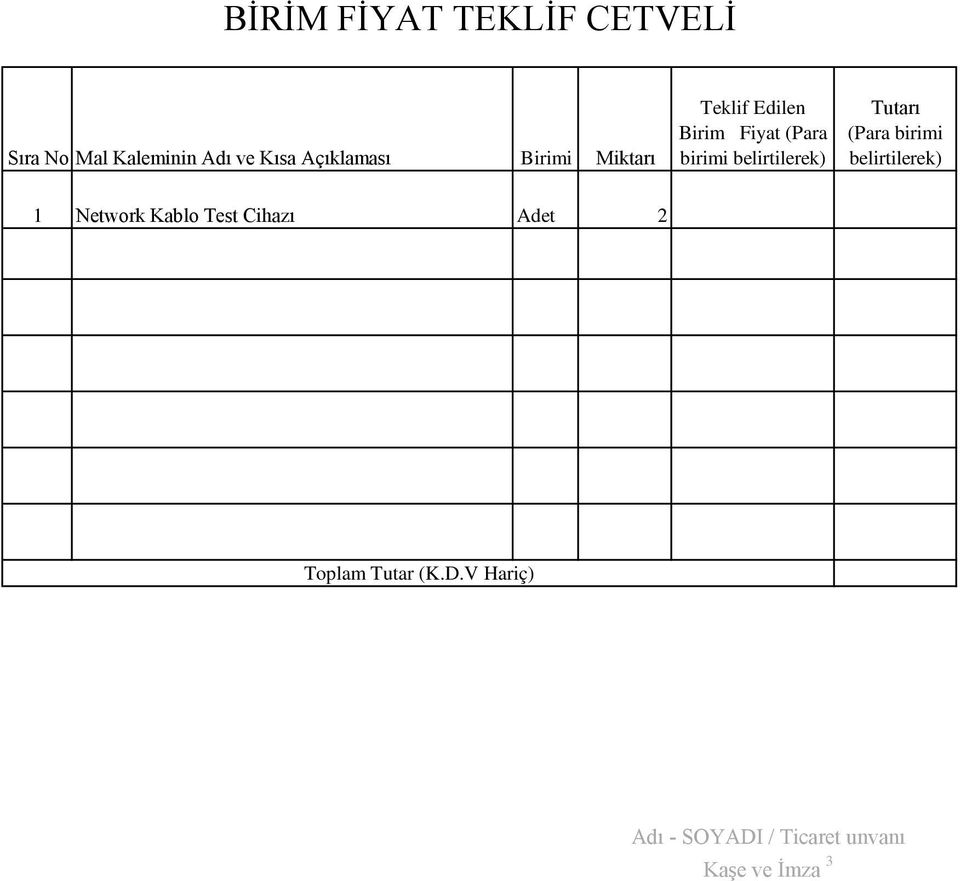 belirtilerek) Tutarı (Para birimi belirtilerek) 1 Network Kablo Test