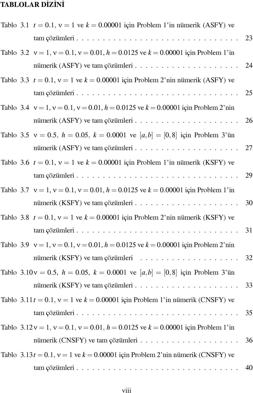 4 = 1, = 0.1, = 0.01, h = 0.0125 ve k = 0.00001 için Problem 2 nin nümerik (ASFY) ve tam çözümleri.................... 26 Tablo 3.5 = 0.5, h = 0.05, k = 0.