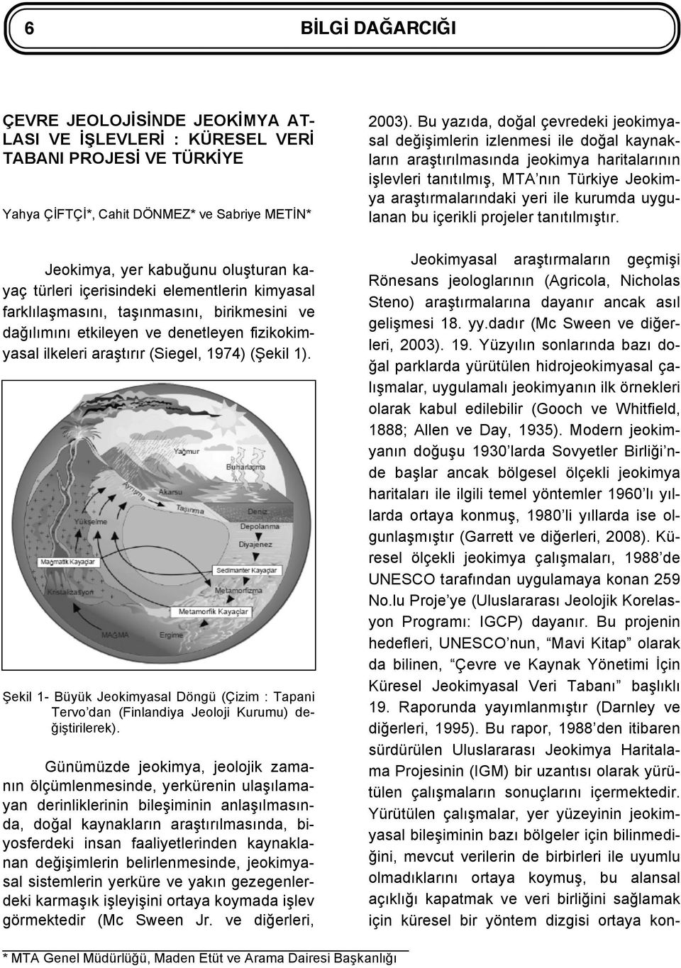 Şekil 1- Büyük Jeokimyasal Döngü (Çizim : Tapani Tervo dan (Finlandiya Jeoloji Kurumu) değiştirilerek).