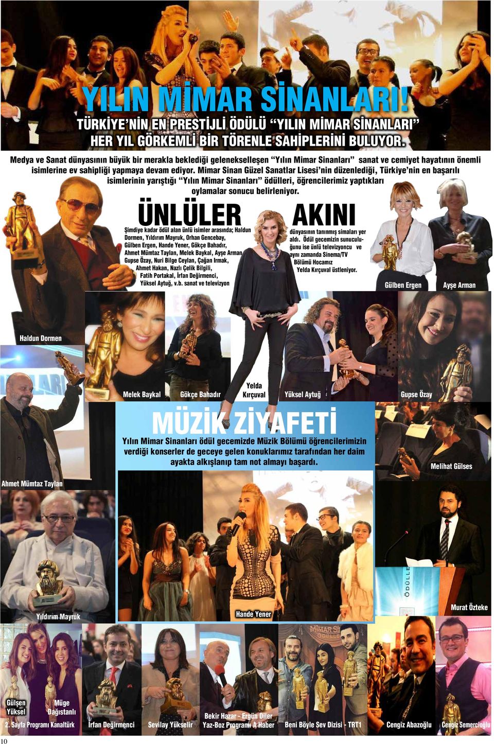 Mimar Sinan Güzel Sanatlar Lisesi nin düzenlediği, Türkiye nin en başarılı isimlerinin yarıştığı Yılın Mimar Sinanları ödülleri, öğrencilerimiz yaptıkları oylamalar sonucu belirleniyor.