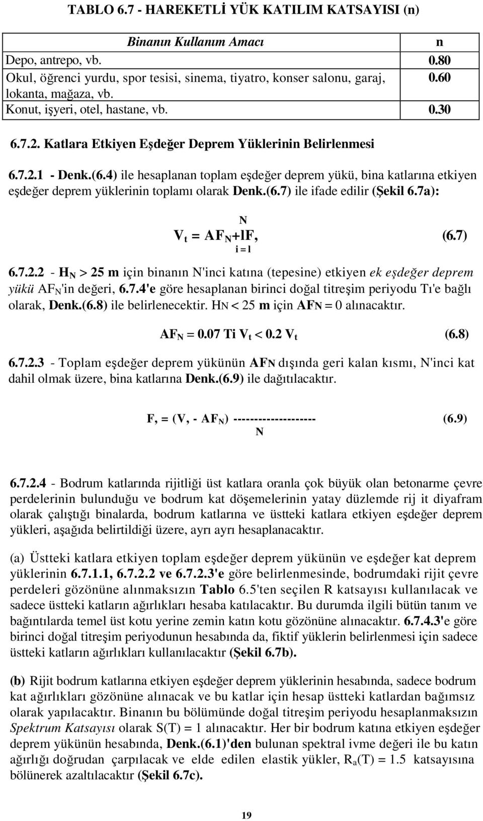 4) ile hesaplanan toplam eşdeğer deprem yükü, bina katlarına etkiyen eşdeğer deprem yüklerinin toplamı olarak Denk.(6.7) ile ifade edilir (Şekil 6.7a): N V t = AF N +lf, (6.7) i = l 6.7.2.