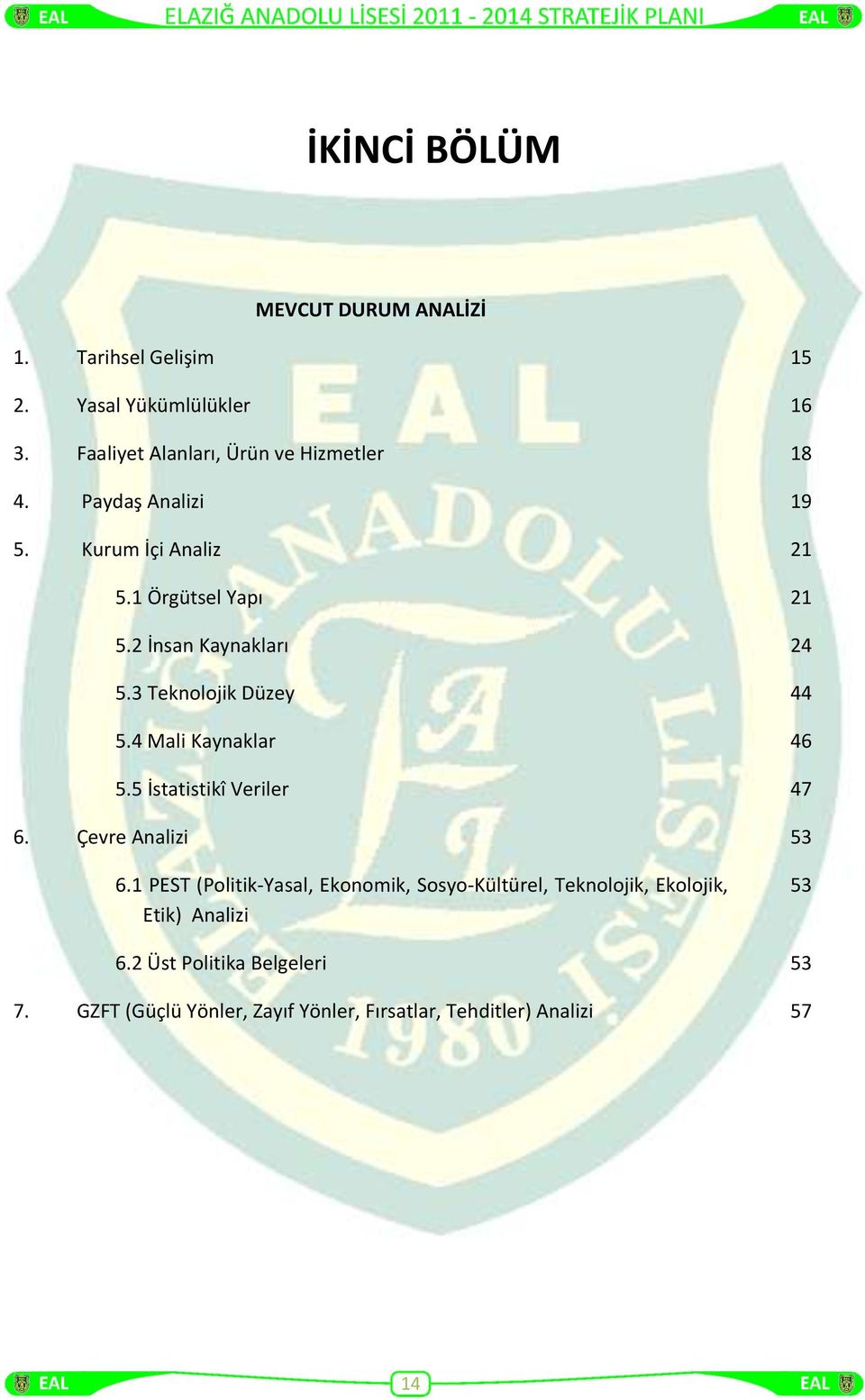 2 İnsan Kaynakları 24 5.3 Teknolojik Düzey 44 5.4 Mali Kaynaklar 46 5.5 İstatistikî Veriler 47 6. Çevre Analizi 53 6.